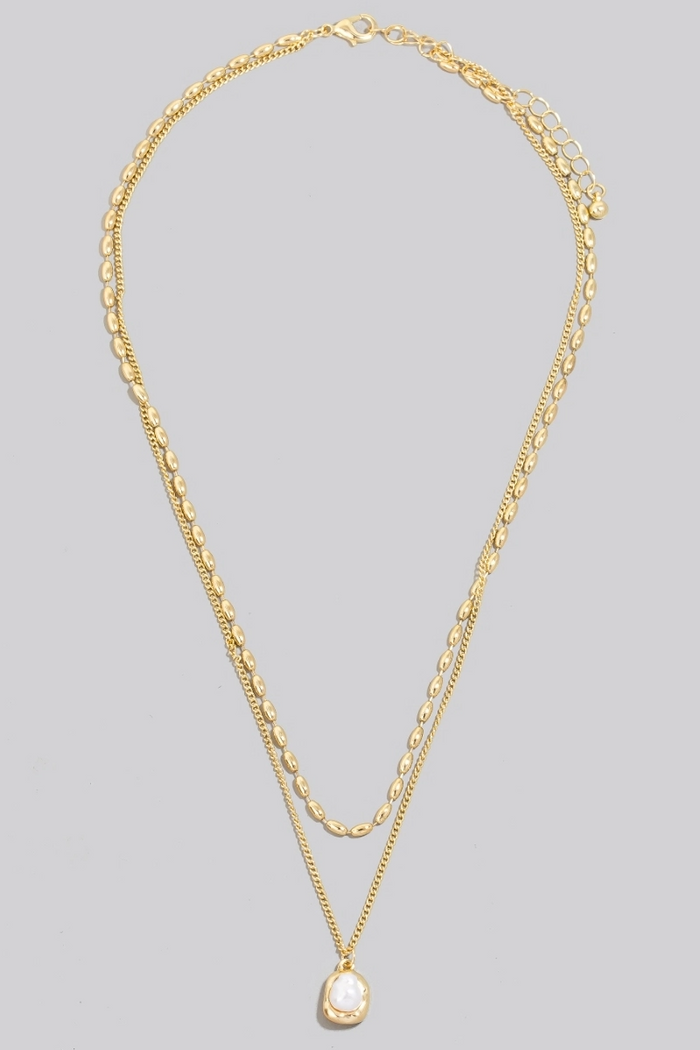 Pearl and Metallic Pendant Layered Chains Necklace-Lemons and Limes Boutique
