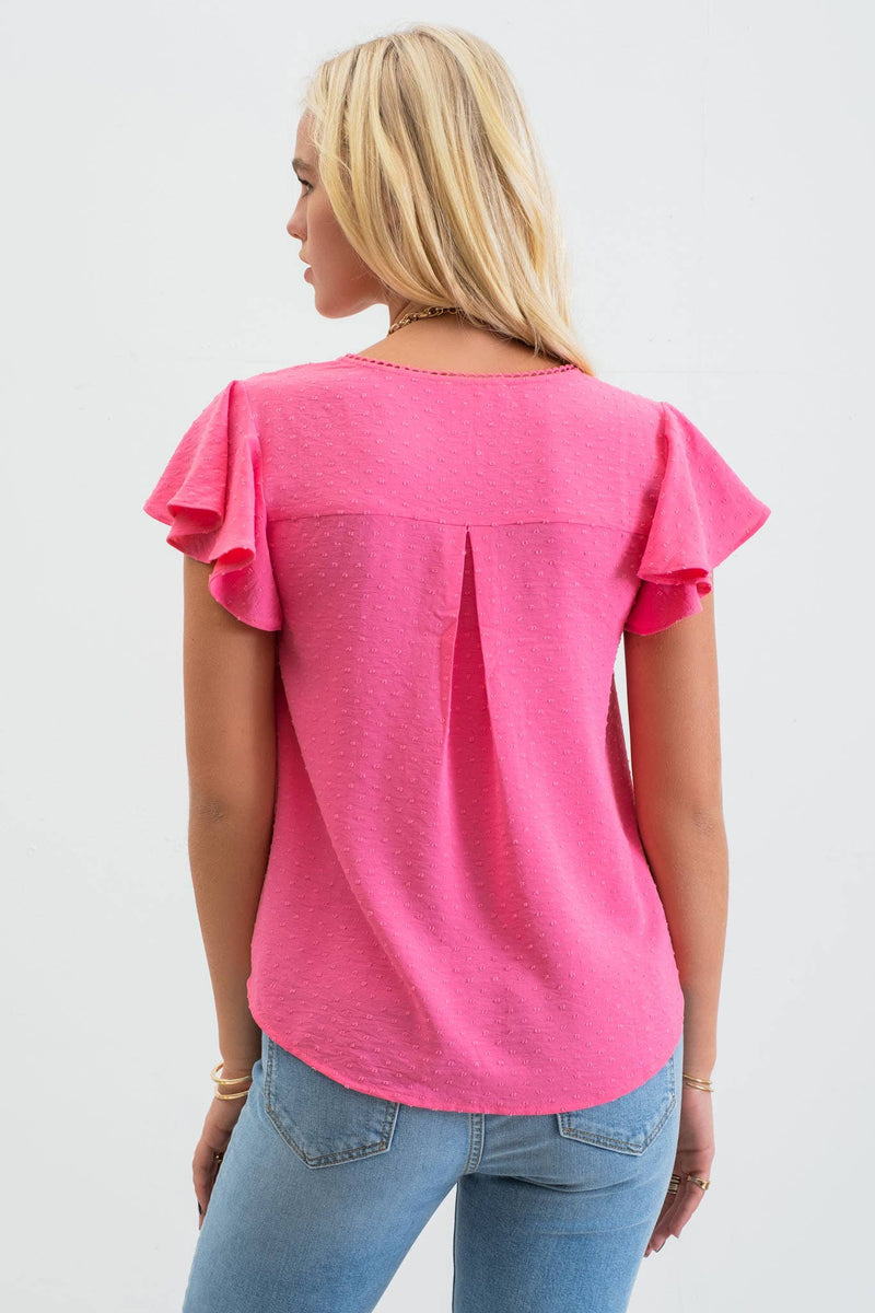 Lace Edge Split Neckline Woven Top in Fuchsia--Lemons and Limes Boutique