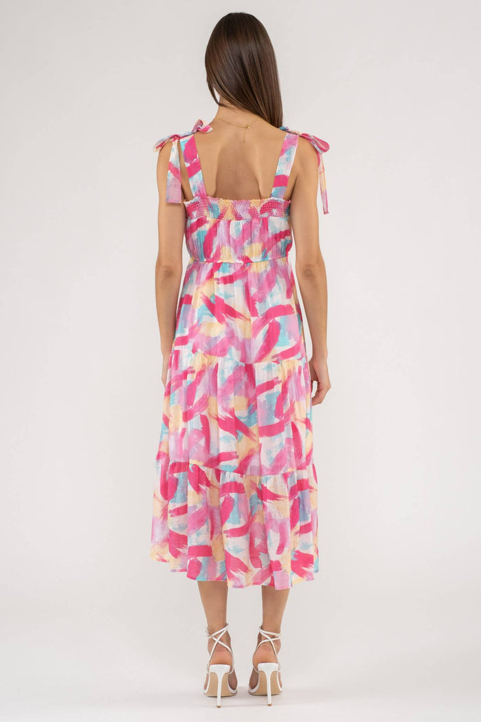 Brush Stroke Print Tiered Midi Dress in Fuchsia Multi--Lemons and Limes Boutique