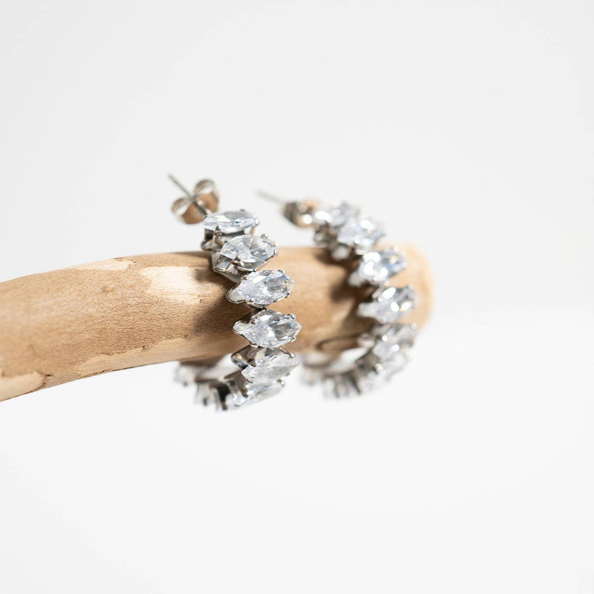 18K Gold PVD Stainless Steel Marquis CZ Stone Hoop Earrings-Lemons and Limes Boutique