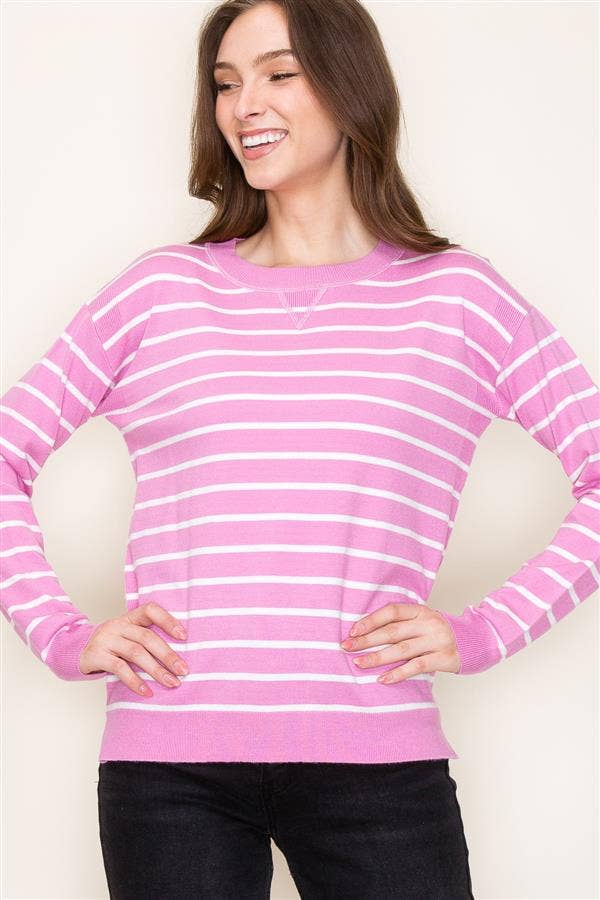 Striped Crew Neck Long Sleeve Pullover Sweater in Pink/White--Lemons and Limes Boutique