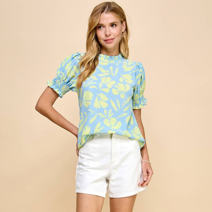 Floral Printed Top with Ruffled Neck Detail and Smocked Sleeve in Blue--Lemons and Limes Boutique