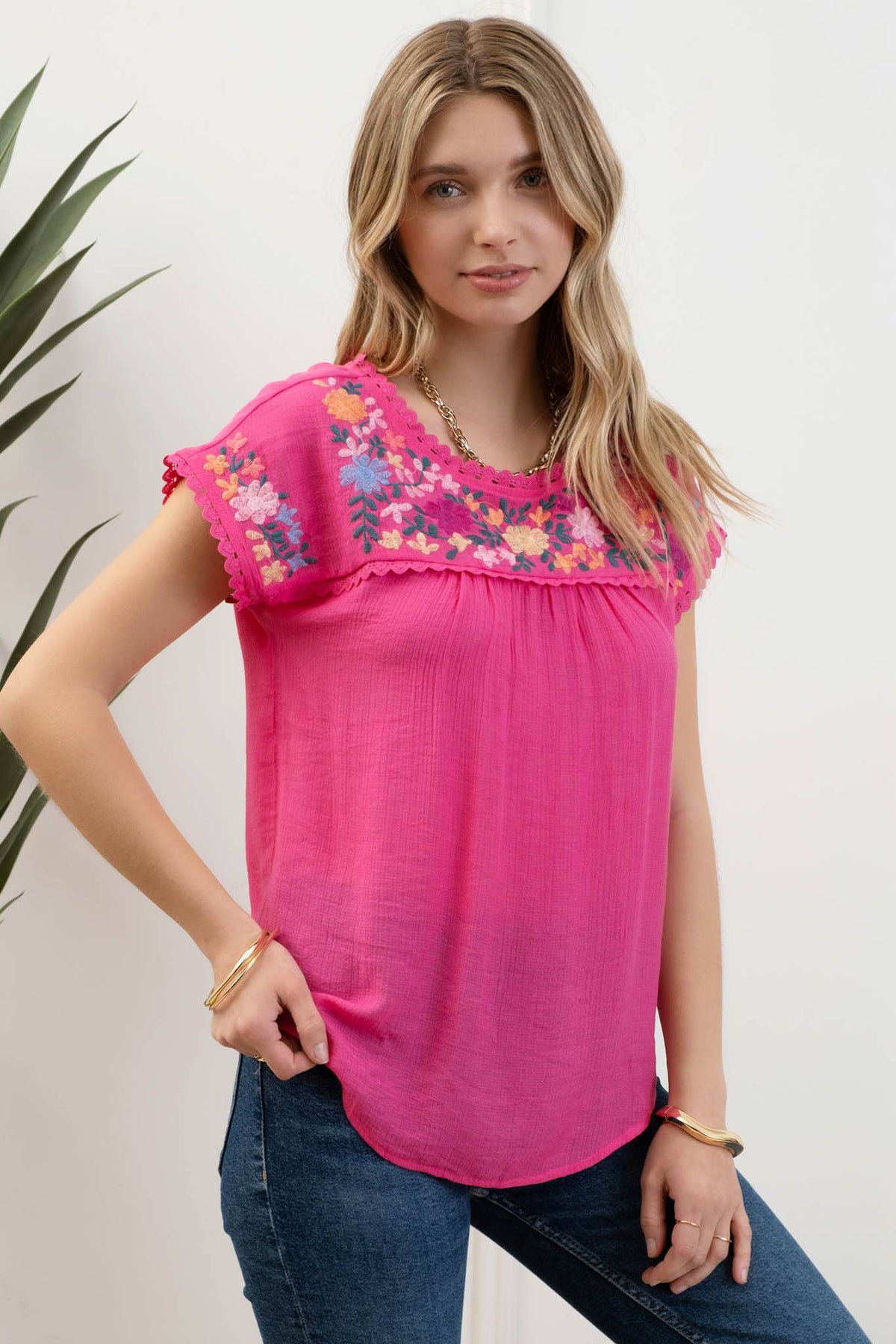 Floral Embroidery Scallop Lace Trim Blouse in Fuchsia--Lemons and Limes Boutique