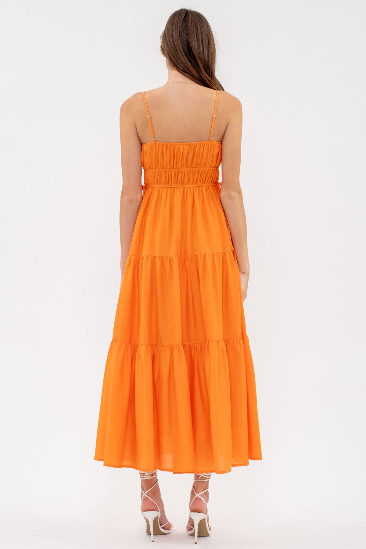 Waist Tie Shirred Tiered Midi Dress in Cantaloupe--Lemons and Limes Boutique