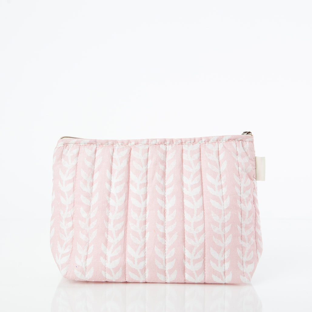 Quilted Zip Pouch in Powder Pink Vine