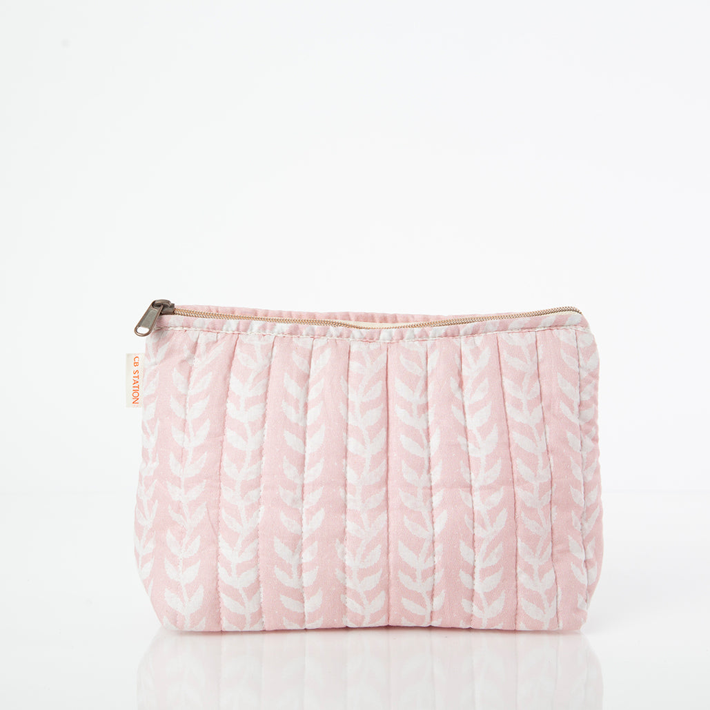 Quilted Zip Pouch in Powder Pink Vine