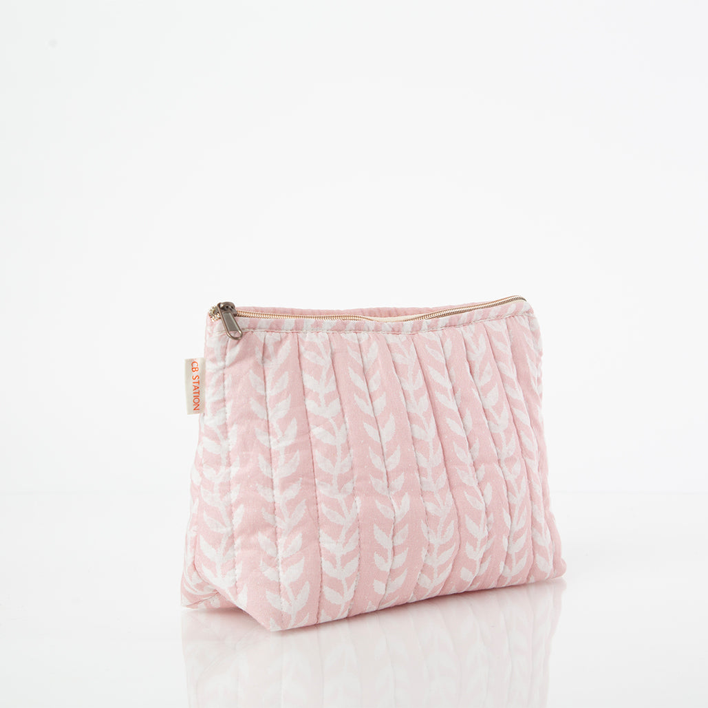 Quilted Zip Pouch in Powder Pink Vine