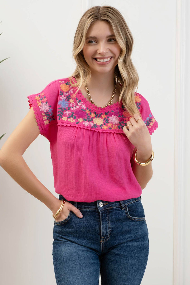 Floral Embroidery Scallop Lace Trim Blouse in Fuchsia--Lemons and Limes Boutique