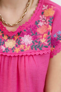 Floral Embroidery Scallop Lace Trim Blouse in Fuchsia--Lemons and Limes Boutique