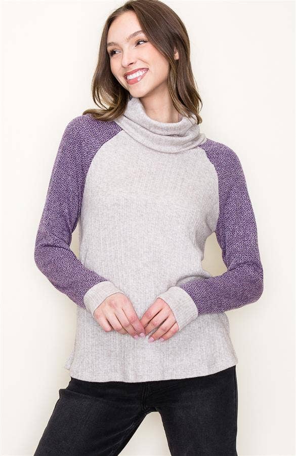 Slouchy Turtle Neck Long Raglan Sleeve Color Block Top in Oatmeal/Plum--Lemons and Limes Boutique