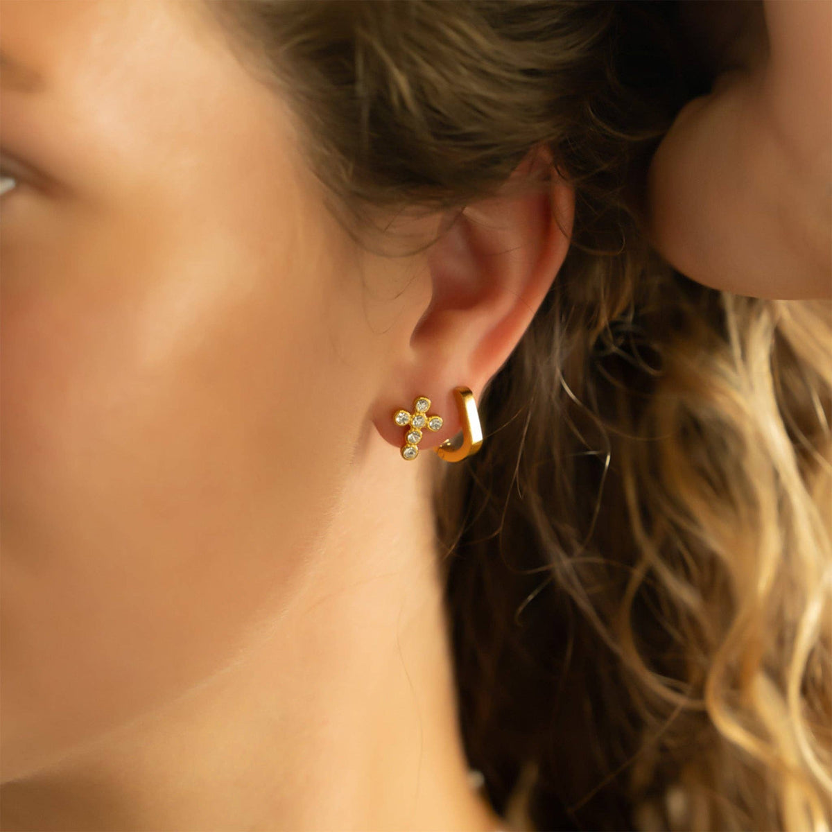 18K Gold PVD Stainless Steel Round Stone Cross Earrings-Lemons and Limes Boutique