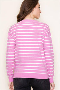 Striped Crew Neck Long Sleeve Pullover Sweater in Pink/White--Lemons and Limes Boutique