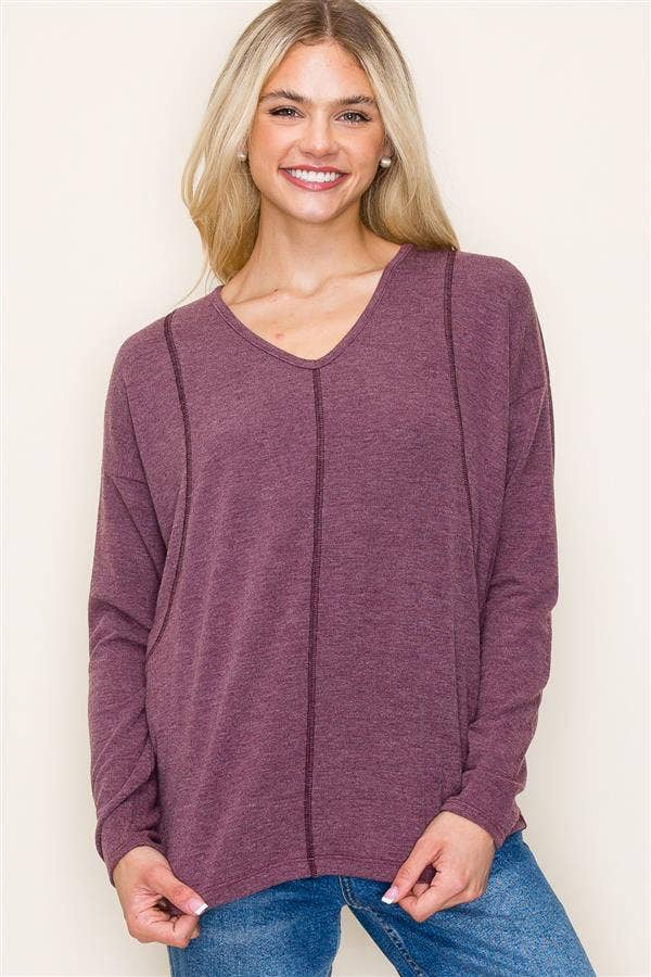 V-Neck Exposed Stitch Long Sleeve Knit Top in Plum--Lemons and Limes Boutique