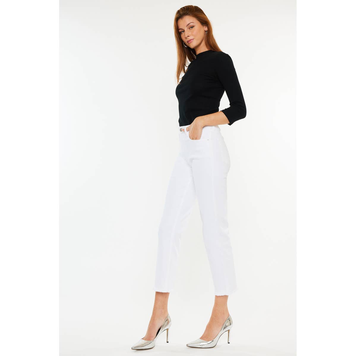 Zahara High Rise Cropped Straight Leg Jeans in White by Kan Can USA-Lemons and Limes Boutique