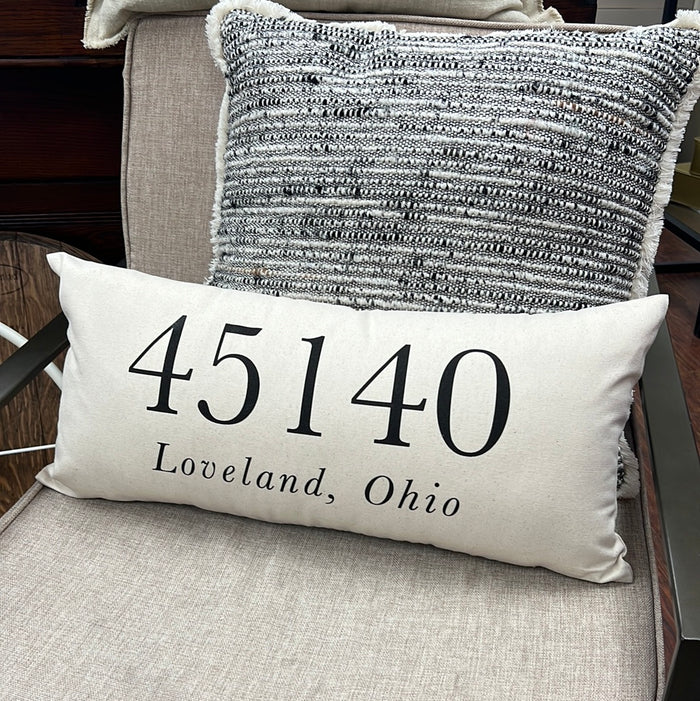 Personalized Zip Code Lumbar Pillow 45140 Loveland Ohio--Lemons and Limes Boutique