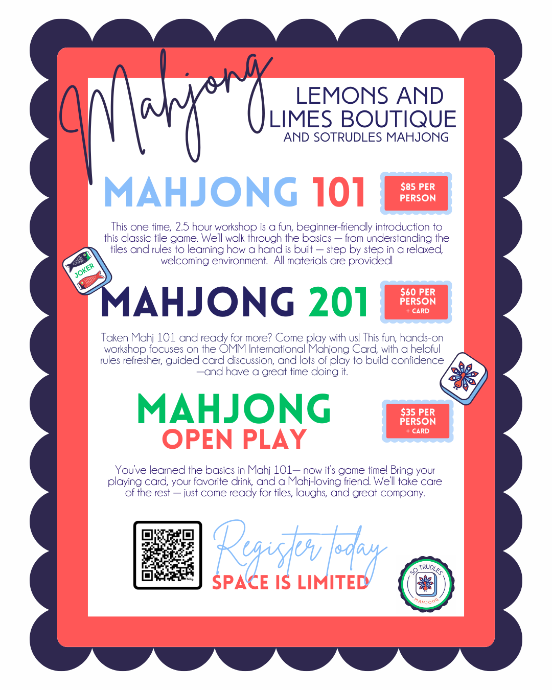 MAHJONG EVENTS ( sign up at the link in the product description)-Lemons and Limes Boutique