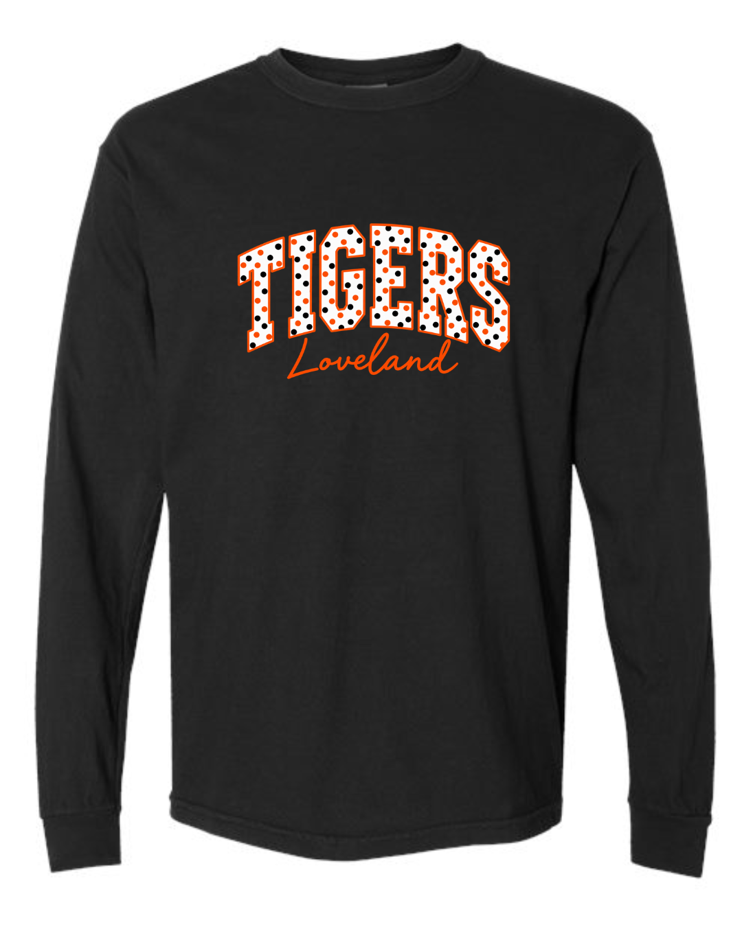Polka Dot Tigers on Comfort Colors Black Garment Dyed Long Sleeve Tee
