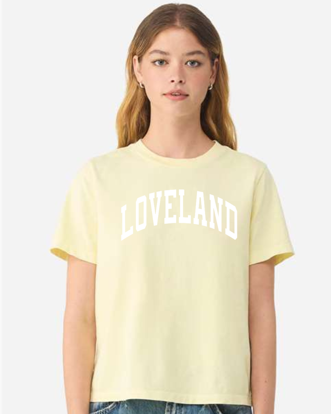 Curved Loveland on Garment Dyed T-Shirt in Buttermilk-Lemons and Limes Boutique