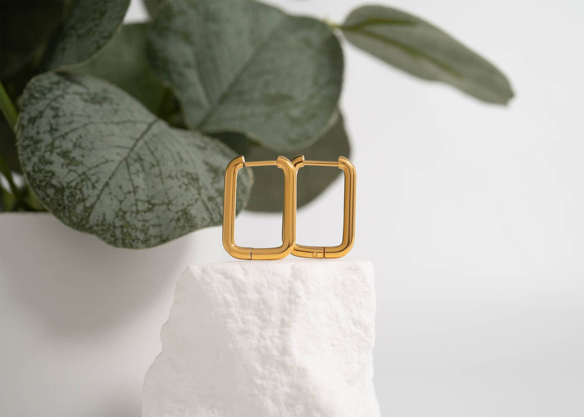 18K Gold PVD Rounded Rectangle Everyday Huggie Earrings: Stainless-Lemons and Limes Boutique