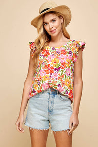 Ruffled Short Sleeved Floral Printed Top-Lemons and Limes Boutique
