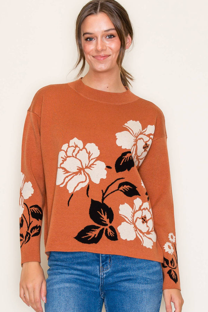 Flower Jacquard Mock Neck Pullover Sweater in Oatmeal/Copper--Lemons and Limes Boutique