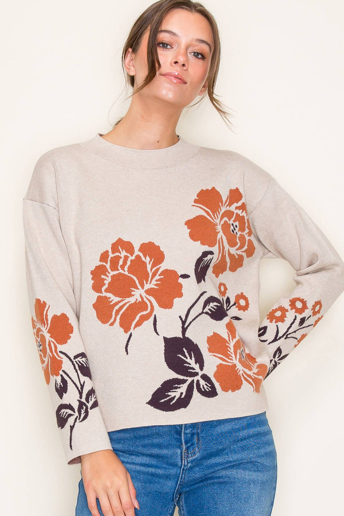 Flower Jacquard Mock Neck Pullover Sweater in Copper/Ivory--Lemons and Limes Boutique