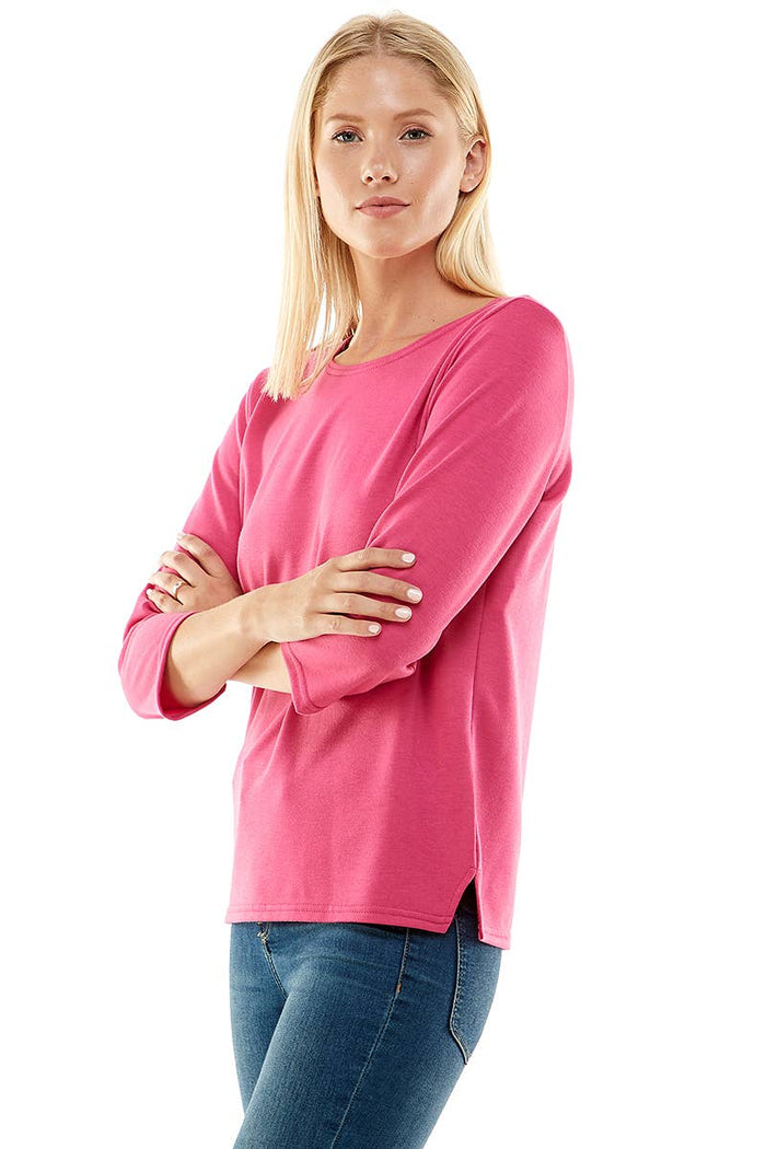 Women's 3/4 Sleeve Side Slit French Terry Top in Hot Pink--Lemons and Limes Boutique