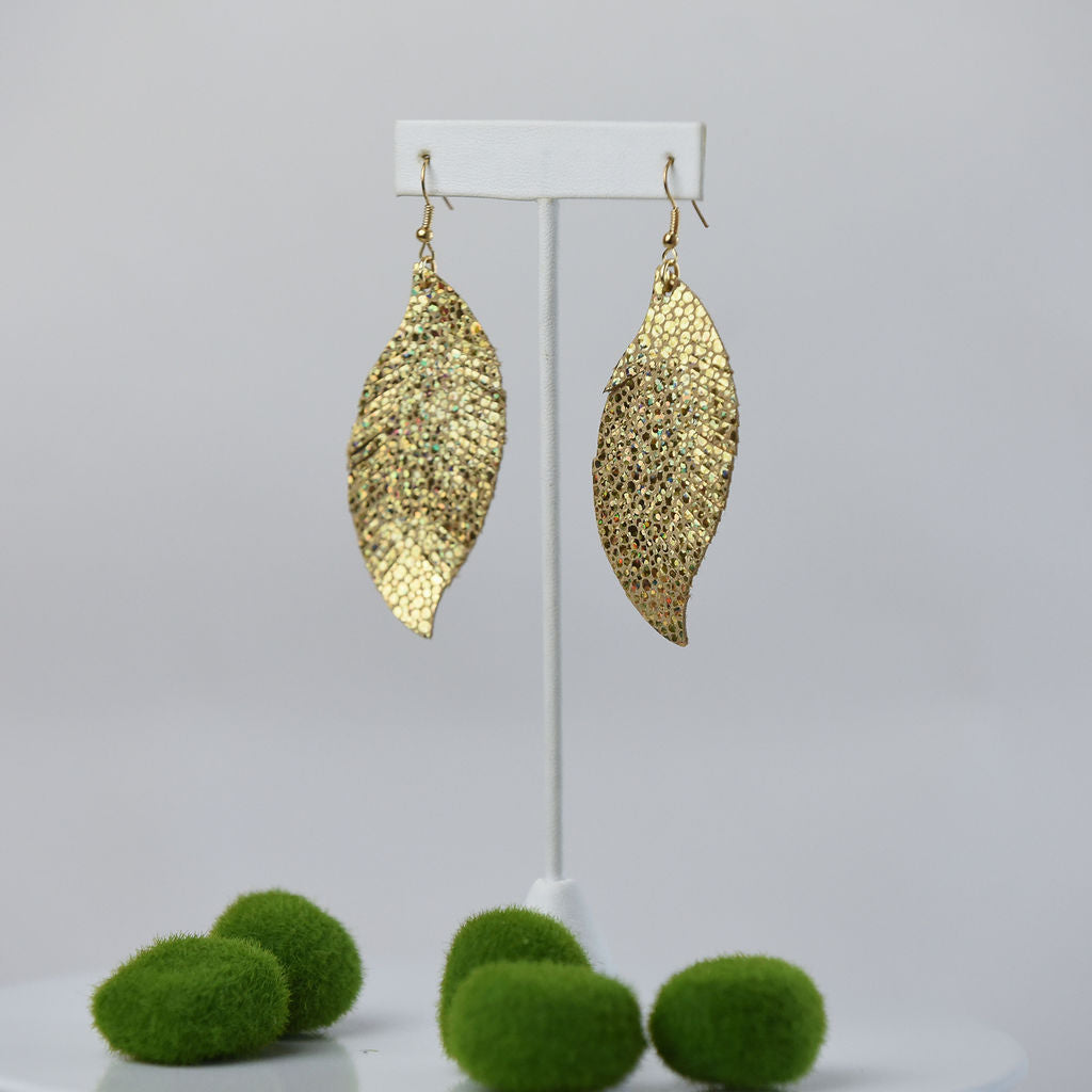 Sylvia Suede Feather Dangle Earrings-Gold Shimmer-Lemons and Limes Boutique