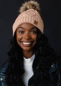 Peach Fuzz Cable Knit Pom Hat-Lemons and Limes Boutique