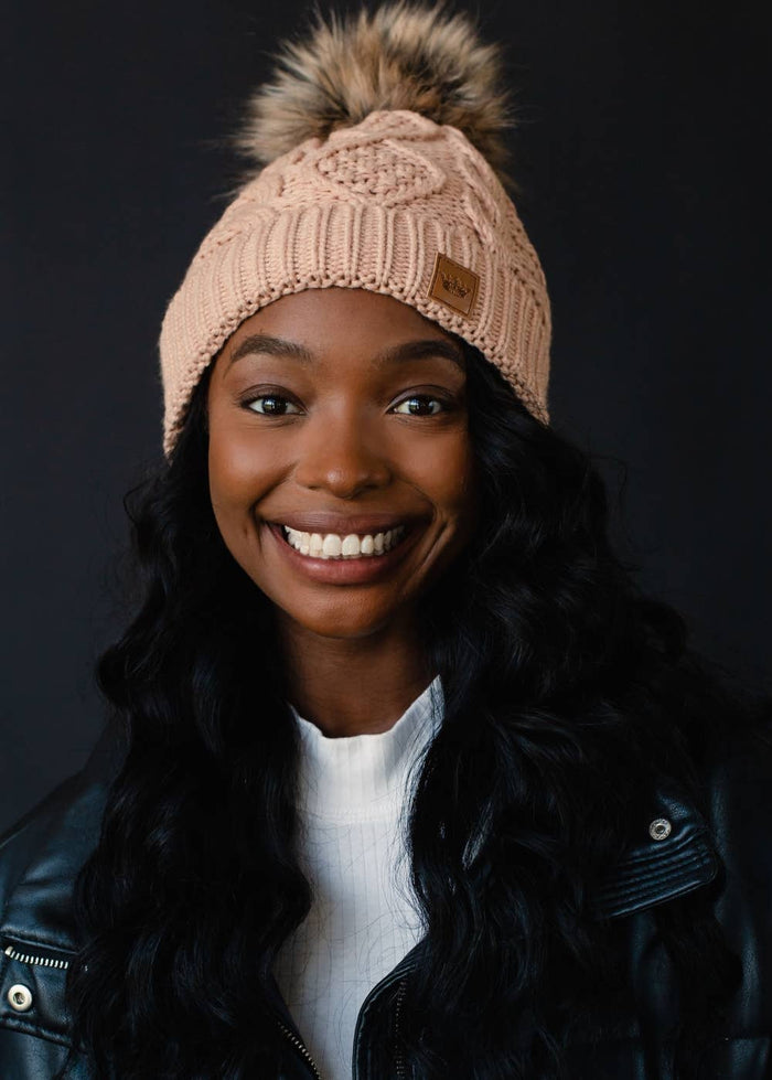 Peach Fuzz Cable Knit Pom Hat-Lemons and Limes Boutique