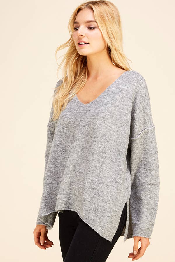 Soft V Neck Knit Sweater in Charcoal-Lemons and Limes Boutique