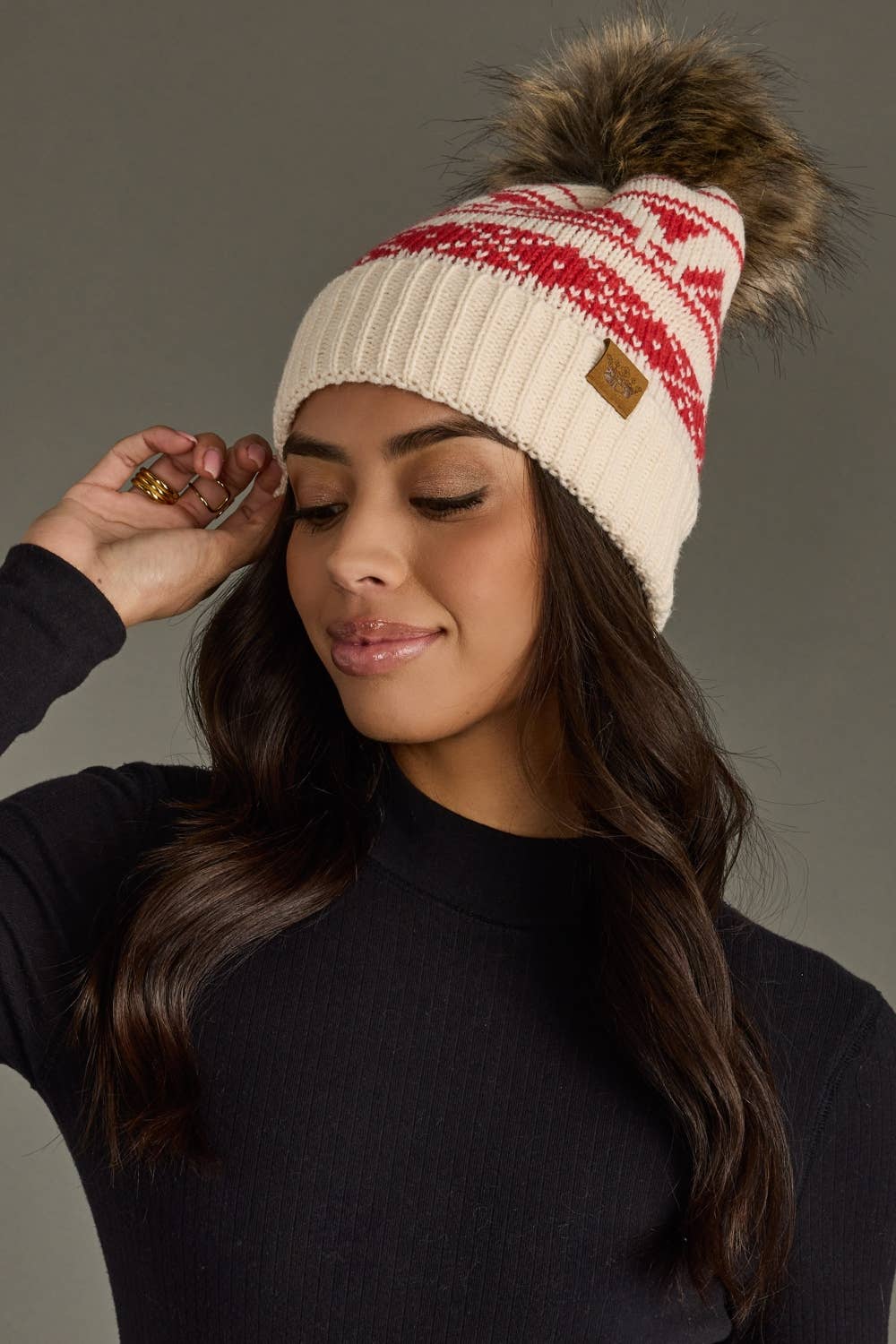 Cream & Red Patterned Pom Hat-Lemons and Limes Boutique