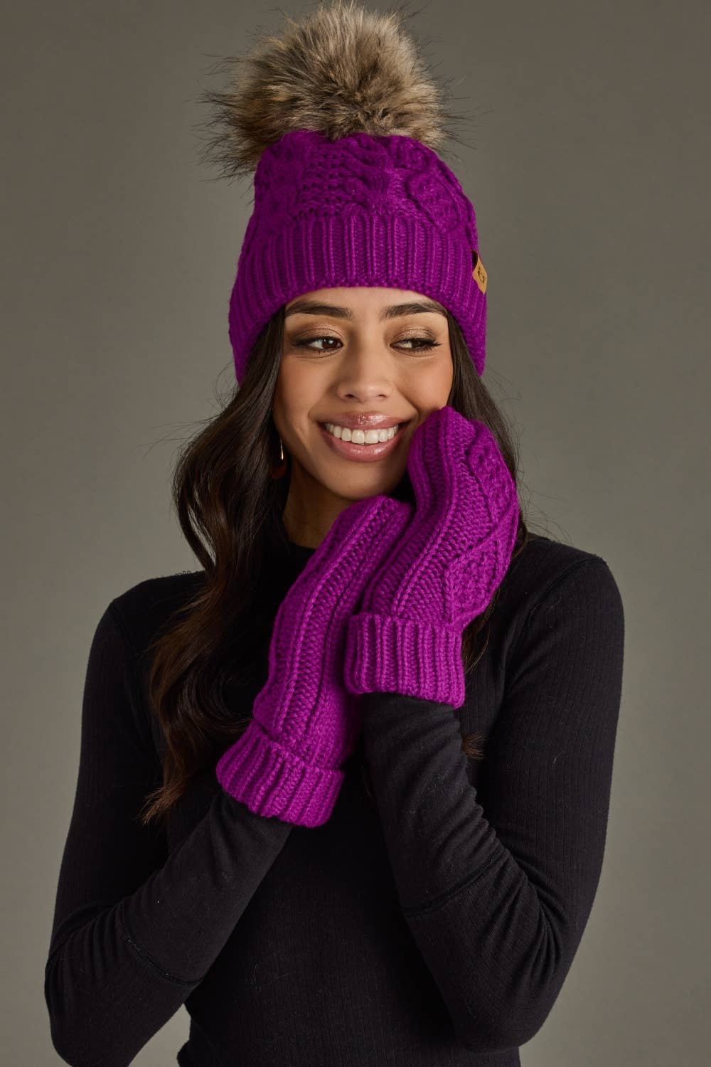 Purple Cable Knit Pom Hat-Lemons and Limes Boutique