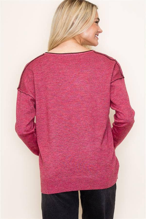 Lightweight Cashmere-Like V-Neck Pullover Sweater in Berry--Lemons and Limes Boutique