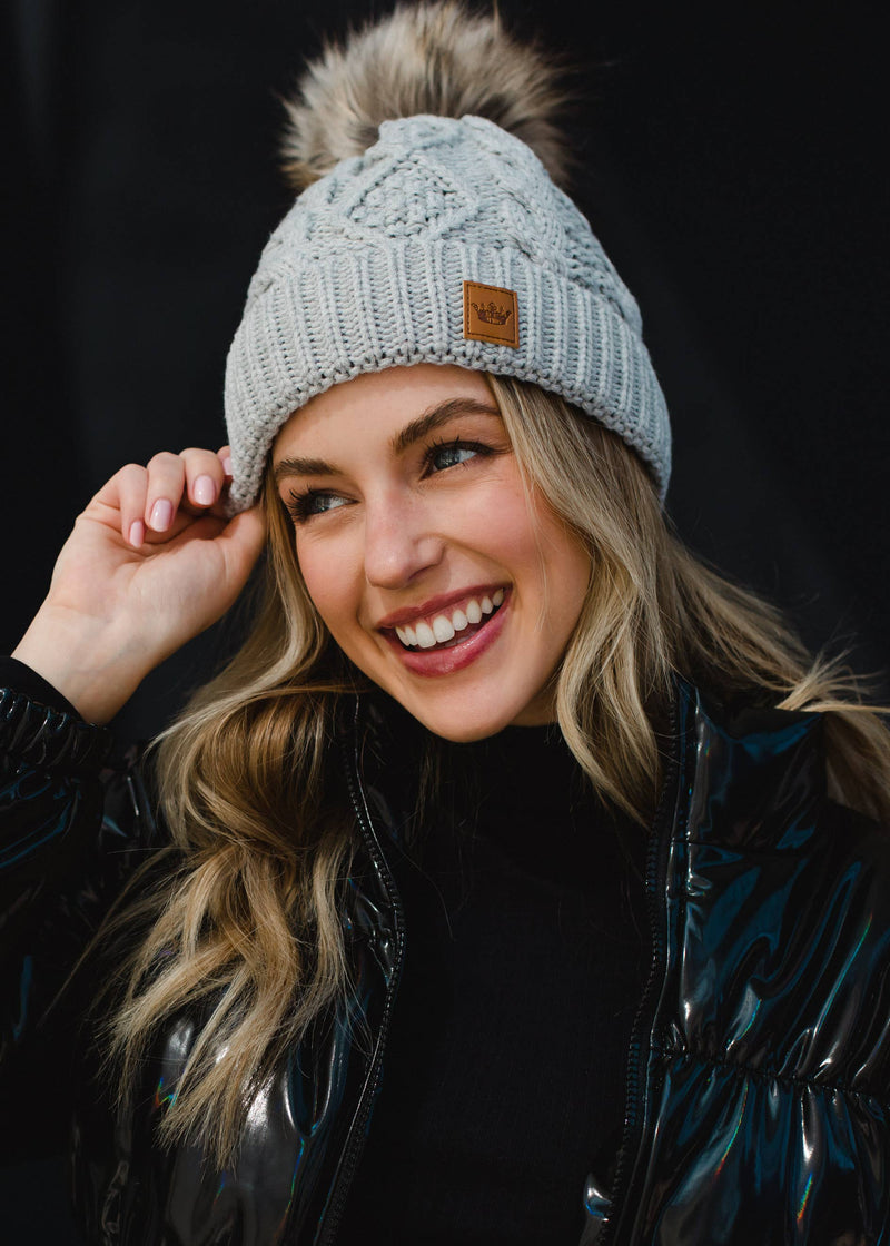 Light Gray Cable Knit Pom Hat-Lemons and Limes Boutique