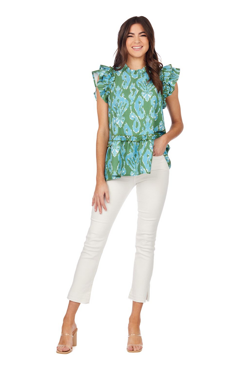 Sage Ikat Woody Flounce Top--Lemons and Limes Boutique