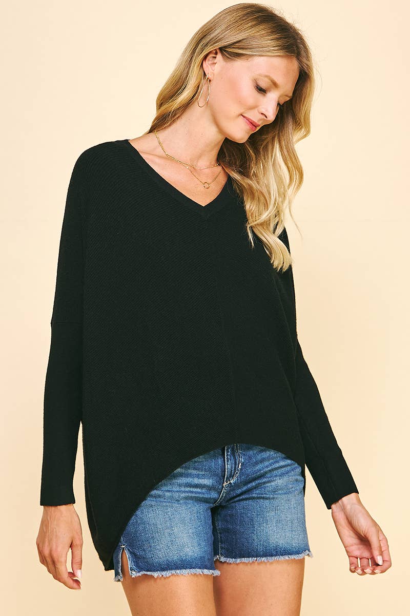 V-Neck Dolman Long Sleeve Sweater in Black-Lemons and Limes Boutique