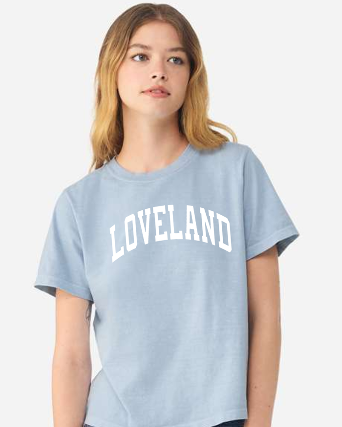 Curved Loveland on Garment Dyed T-Shirt in Light Washed Denim-Lemons and Limes Boutique