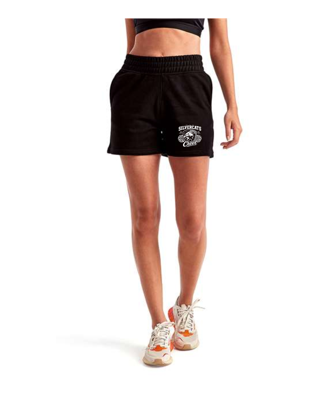 Silvercats Cheer in White Glitter on Black Fashion Shorts