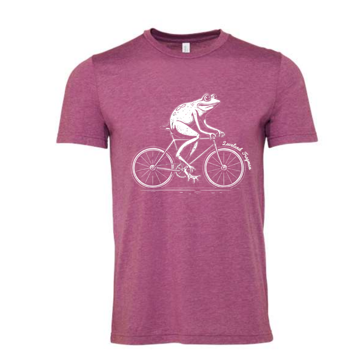 Loveland Frogman on Bike T-Shirt on Heather Magenta