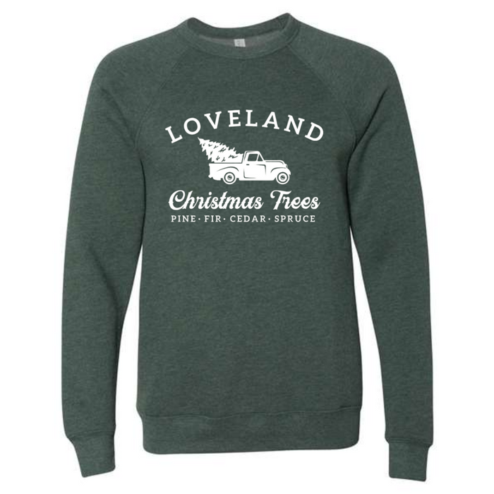 Vintage Loveland Christmas Tree Truck Sponge Fleece Crewneck on Heathered Pine Green-Lemons and Limes Boutique