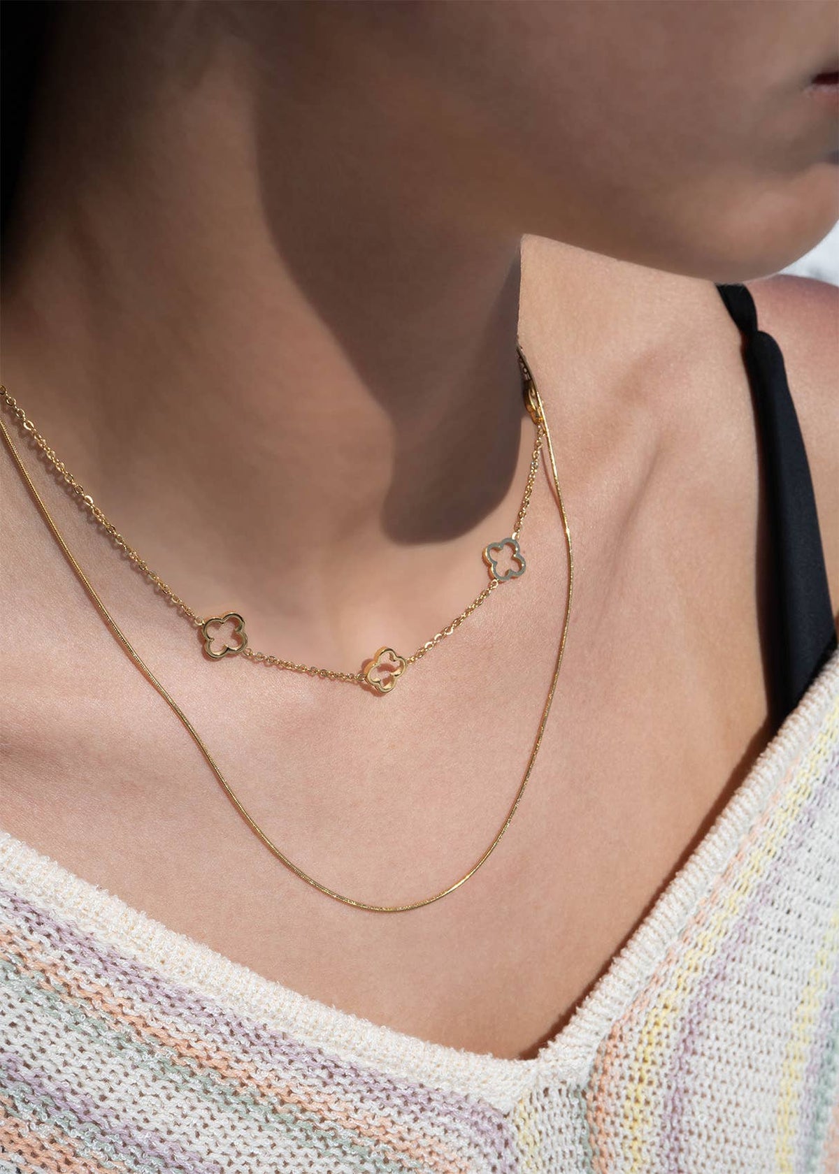 18K Gold PVD Stainless Steel Layered Clover Charm Necklace-Lemons and Limes Boutique