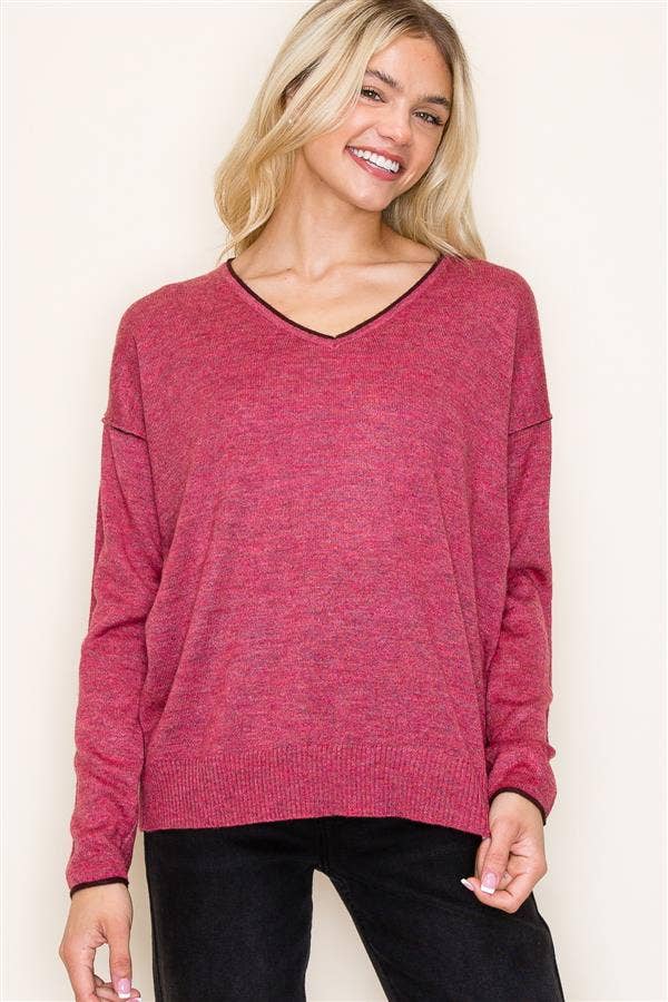 Lightweight Cashmere-Like V-Neck Pullover Sweater in Berry--Lemons and Limes Boutique