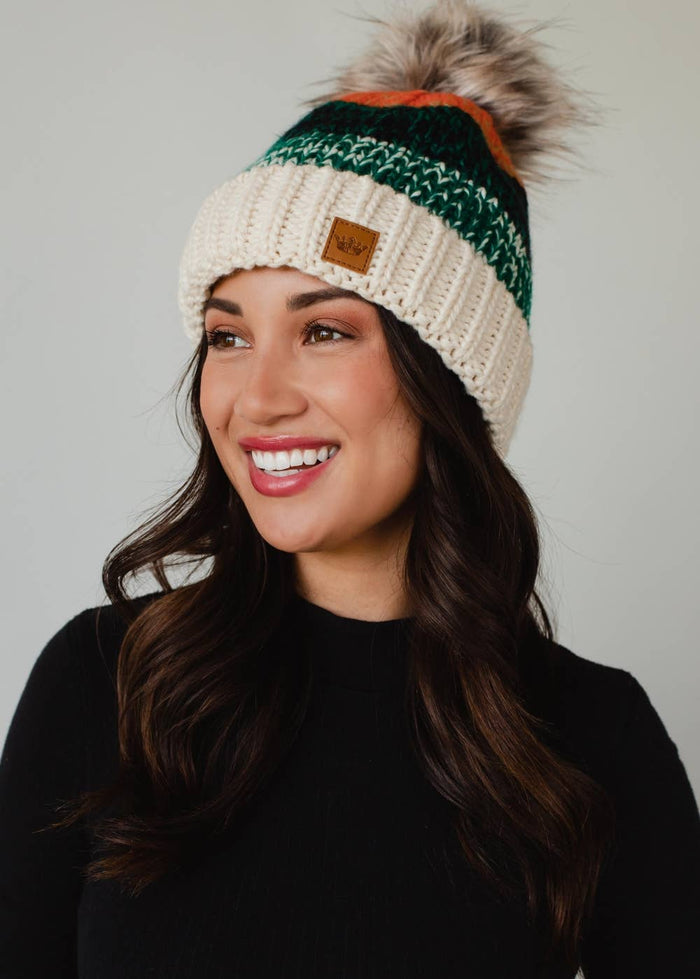 White, Green & Orange Patterned Pom Hat-Lemons and Limes Boutique