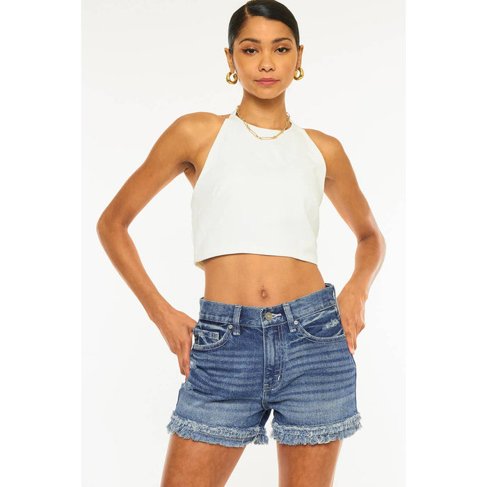 Sasha High Rise Fray Hem Denim Shorts In Medium Stone Wash Kan Can USA--Lemons and Limes Boutique