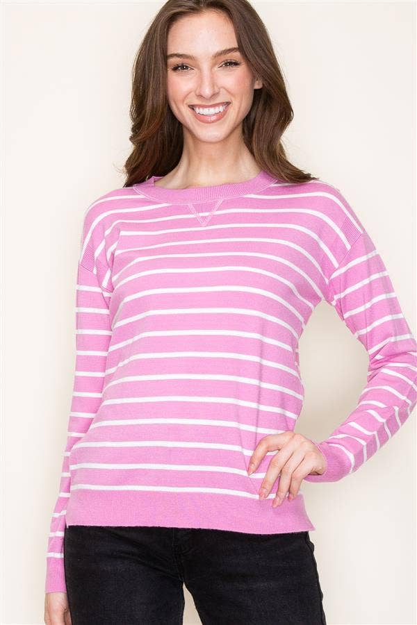 Striped Crew Neck Long Sleeve Pullover Sweater in Pink/White--Lemons and Limes Boutique