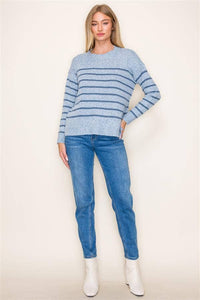 Striped Crew Neck Pullover Sweater with Side Slits in Denim--Lemons and Limes Boutique