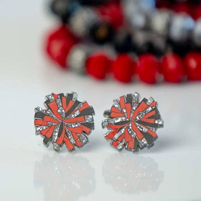 Cheer Pom Stud Earrings in Red/Black/Silver Glitter--Lemons and Limes Boutique