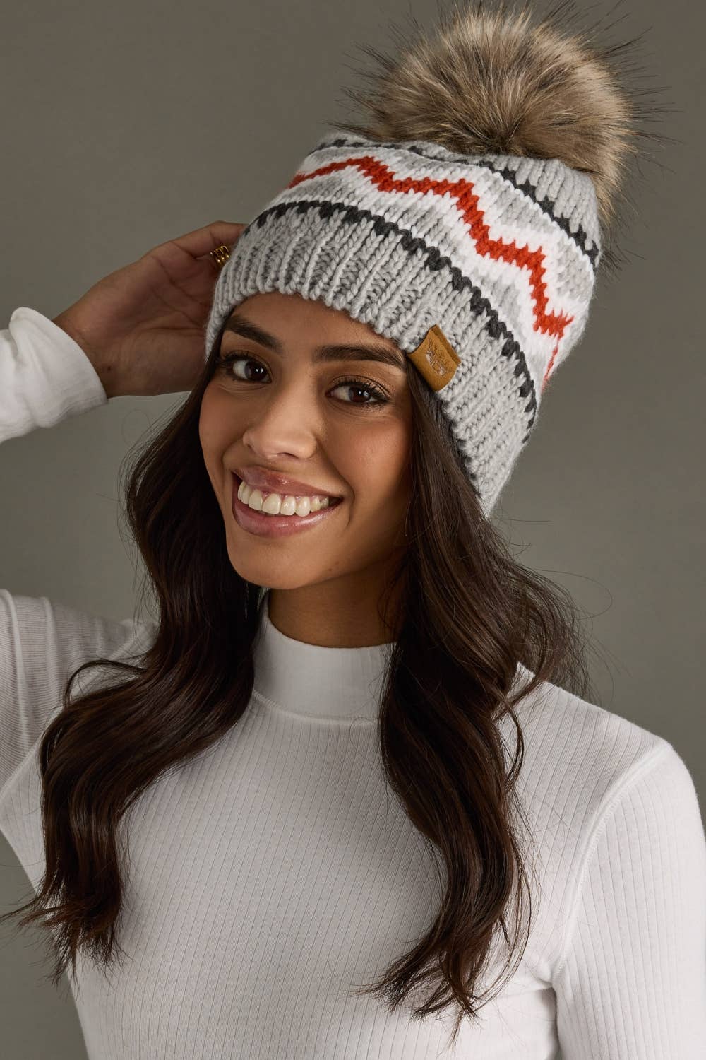 Gray, Red & White Patterned Pom Hat-Lemons and Limes Boutique