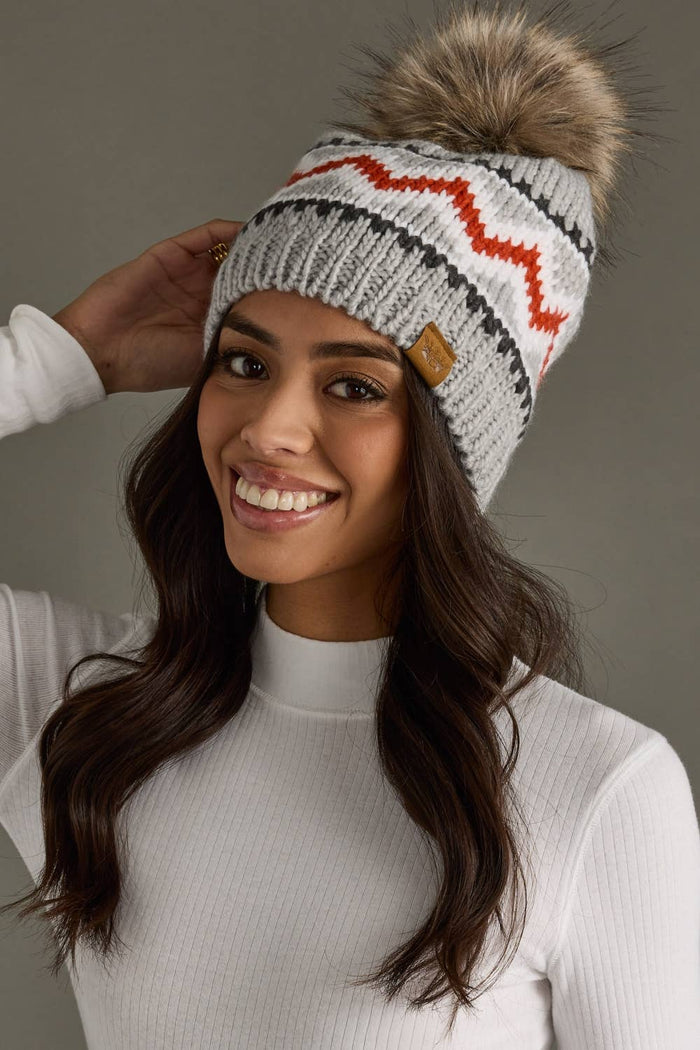 Gray, Red & White Patterned Pom Hat-Lemons and Limes Boutique